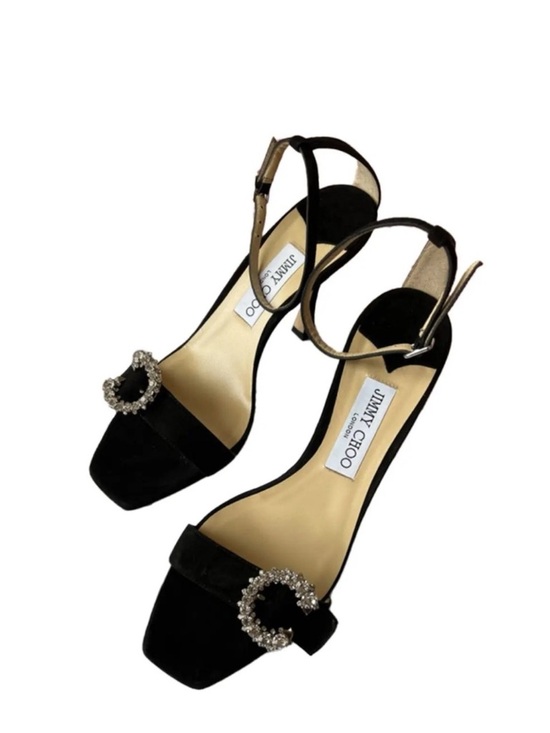 Jimmy Choo Shoes - Jimmy Choo Black Suede Crystal-Crescent Ankle-Strap Sandals